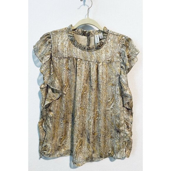 Joie Top Womens Large Beige Paisley Gold Metallic Ruffle Flutter Sleeve Boho - Picture 1 of 8